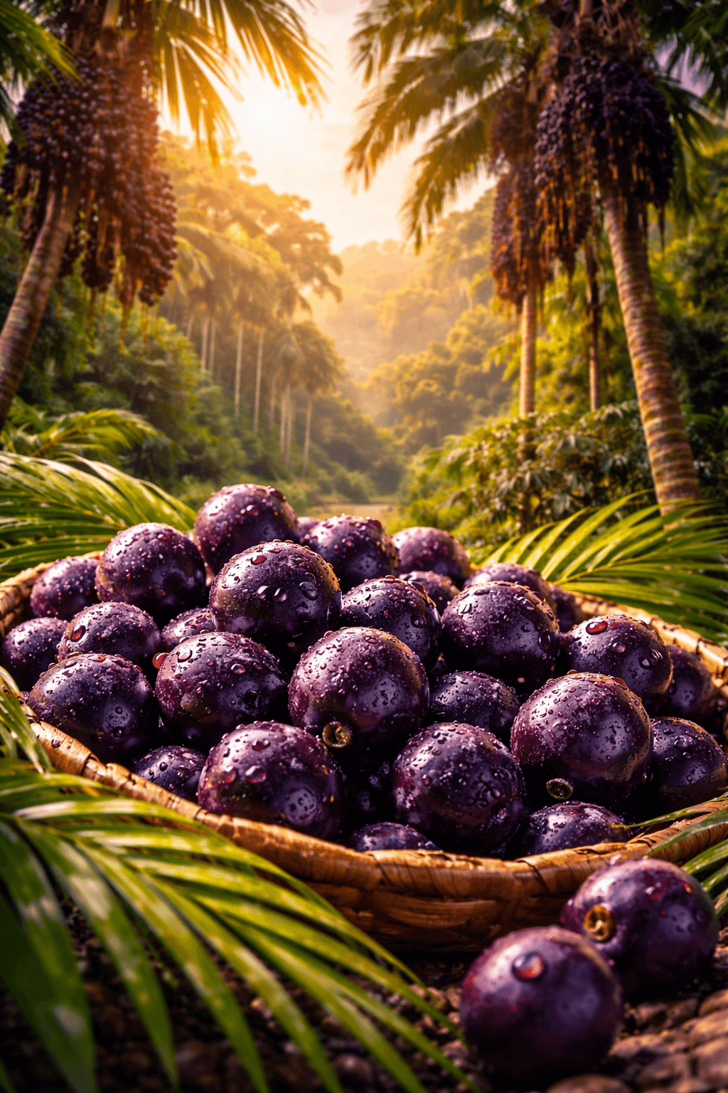 Açaí fresco da Amazônia em cesto tradicional